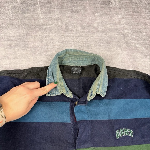 GANT Rugger Shirt Men's Medium Blue Long Sleeve Rugby Polo Vtg 90s Denim Collar - Picture 3 of 8